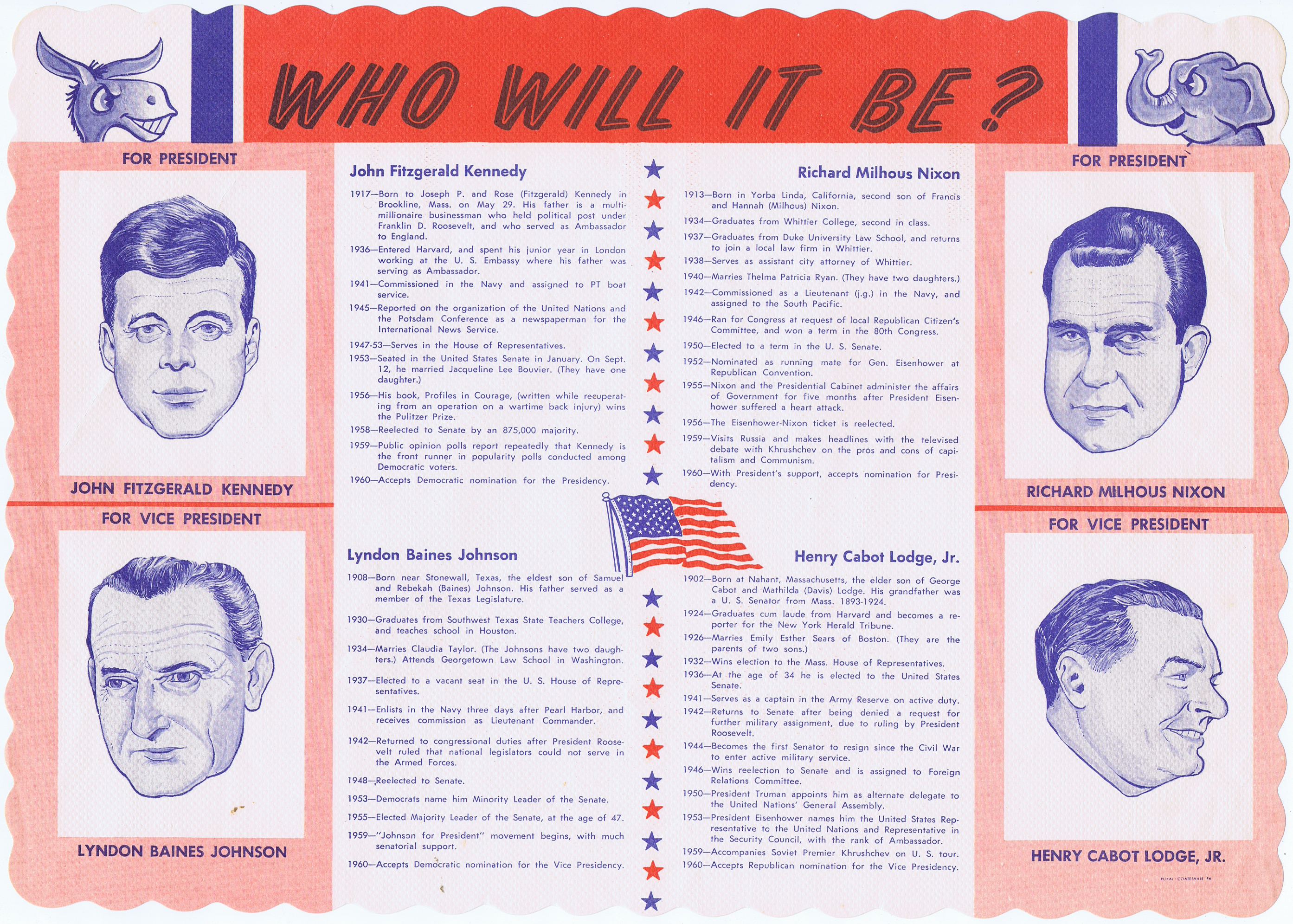 J824	WHO WILL IT BE? ORIGINAL 1960 DINER PLACEMAT SHOWING JFK AND NIXON WITH THEIR VICE PRESIDENTS